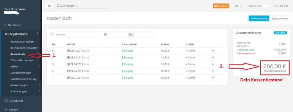 helloCash Dashboard Kassenbuch