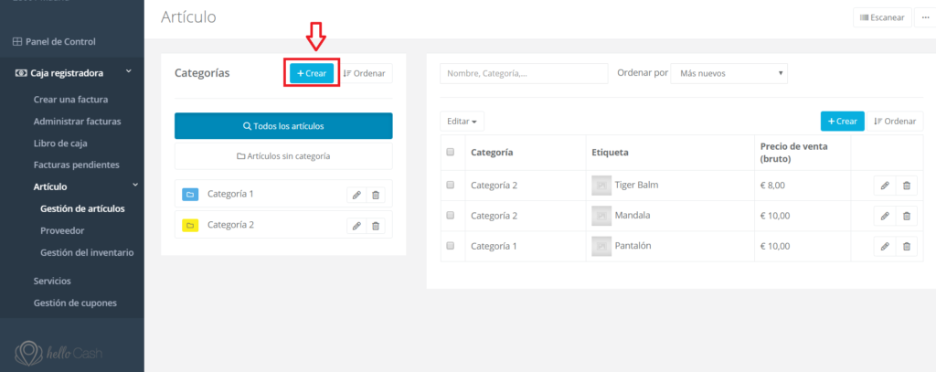 Crear categoria en caja registradora TPV helloCash