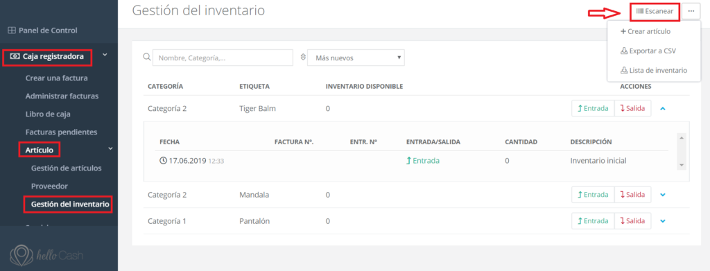 Gestión del inventario en caja registradora TPV helloCash