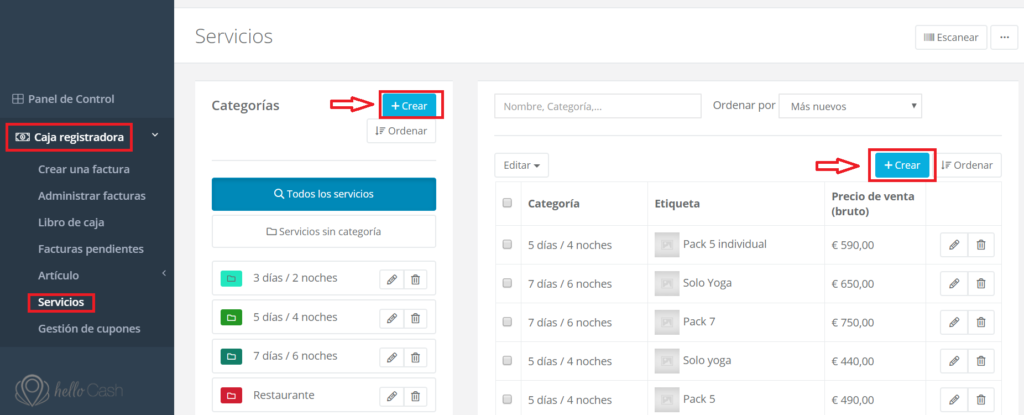 Añadir servicio en caja registradora virtual helloCash