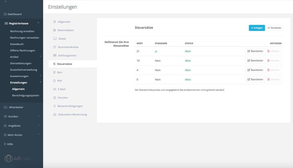 Dashboard Einstellungen Steuersätze