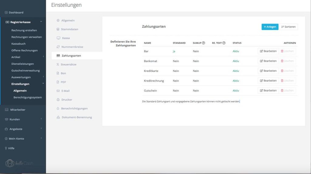 Dashboard Einstellungen Zahlungsarten