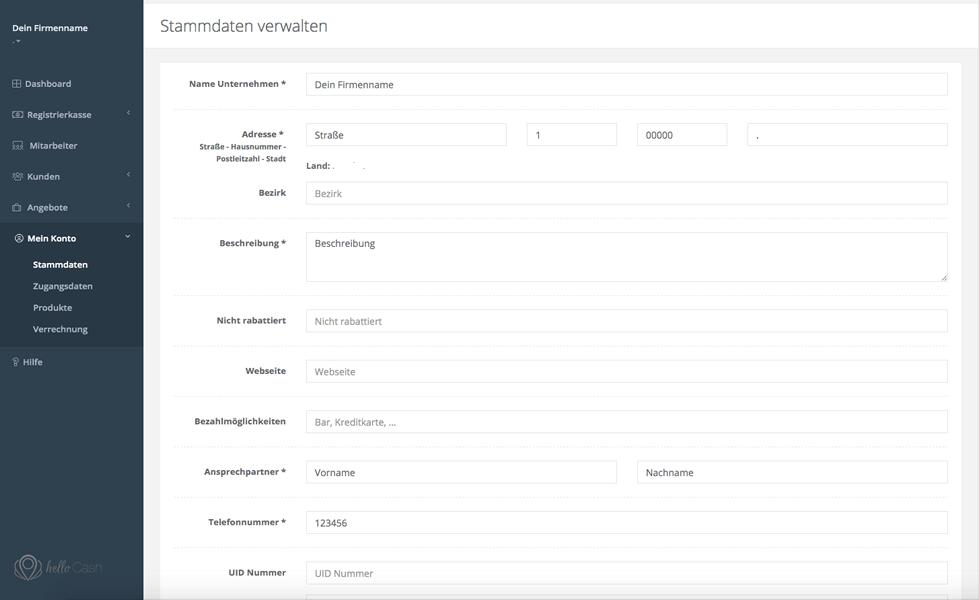 Dashboard Stammdaten verwalten