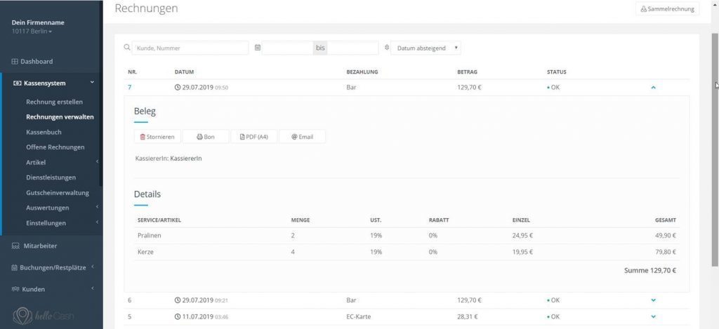 helloCash Dashboard Rechnungen verwalten