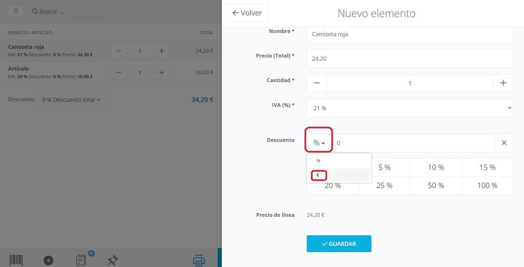 cambiar el descuento de porcentaje a cantidad fija