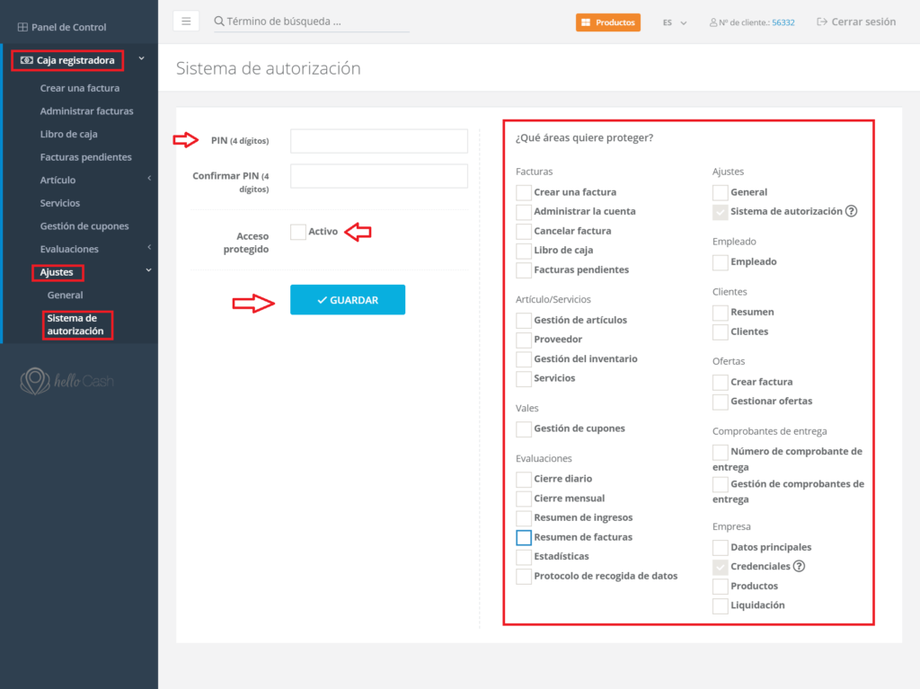 Sistema de acceso a la caja registradora virtual online y TPV gratis helloCash