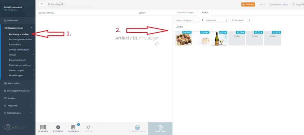 Rechnung erstellen Artikel Dienstleistungen hinzufügen helloCash Kasse