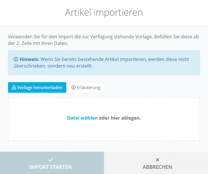 Artikelverwaltung - Artikel importieren