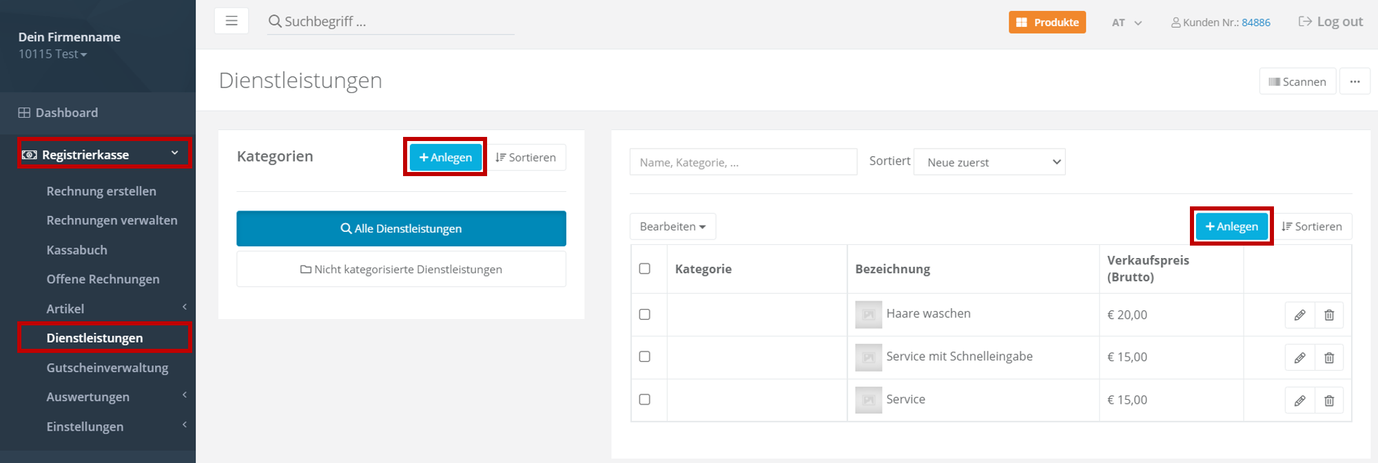 Dienstleistungen anlegen