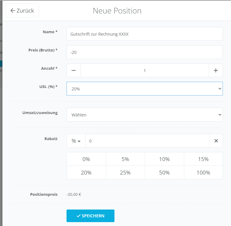 Gutschrift erstellen +Position