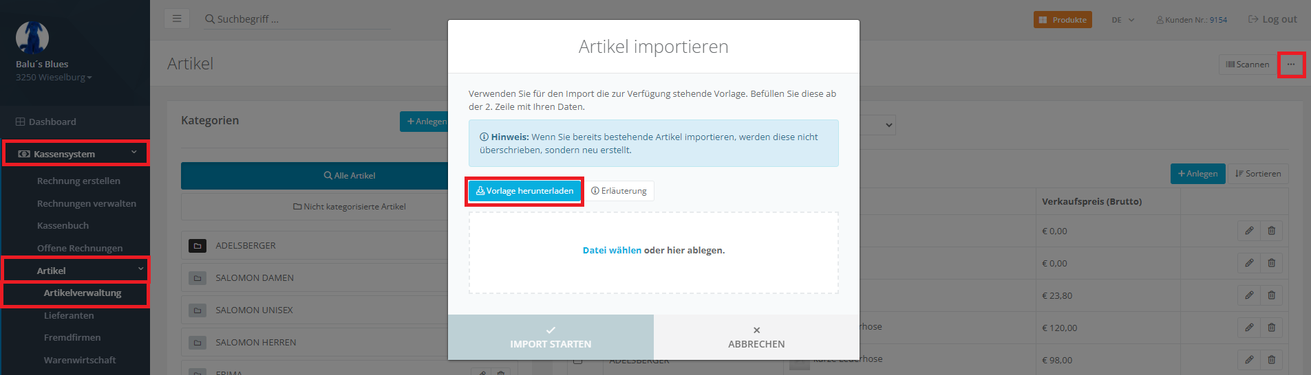 Kassensystem wechseln Artikel importieren