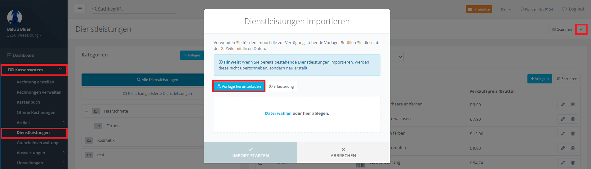 Kassensystem wechseln Dienstleistungen importieren