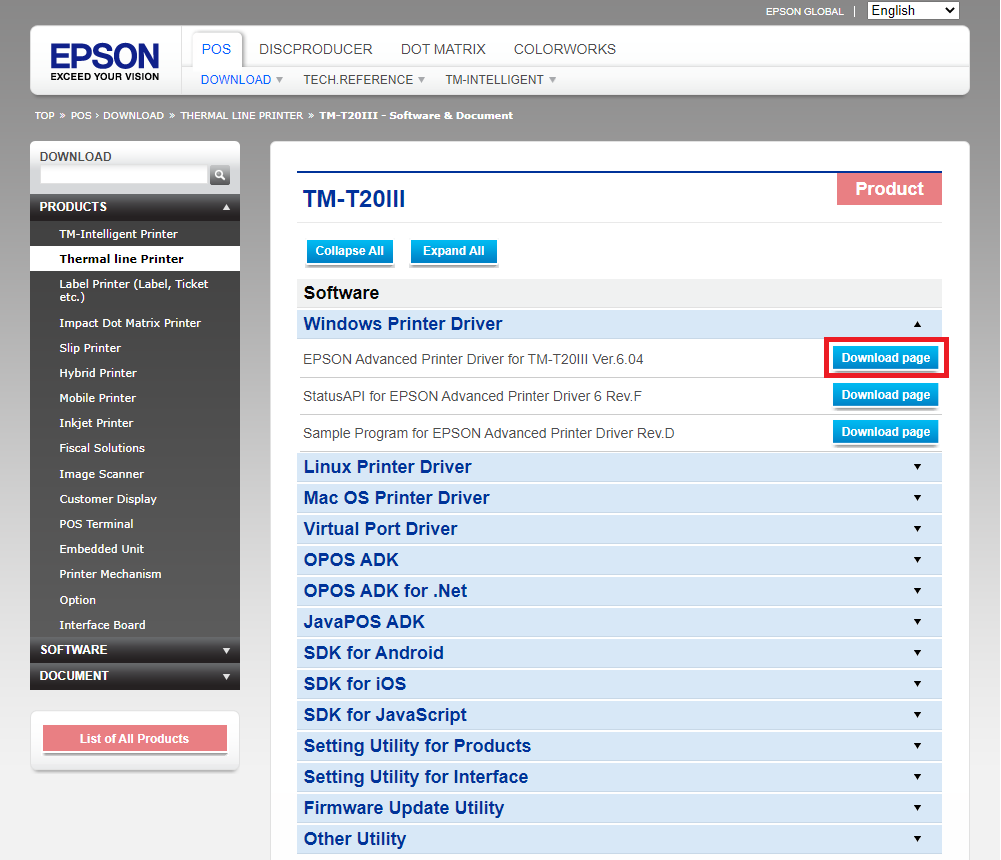 Herstellerseite EPSON TM-T20III