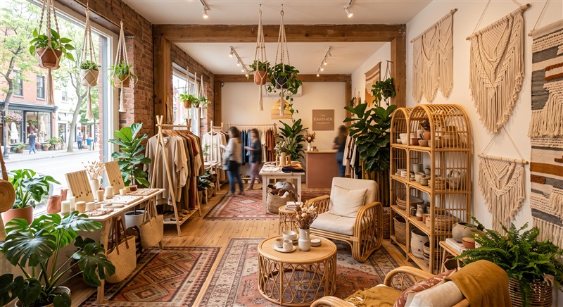 Ejemplo de decoración de negocio Estilo Boho Chic - Ideal para tiendas de decoración o ropa artesanal