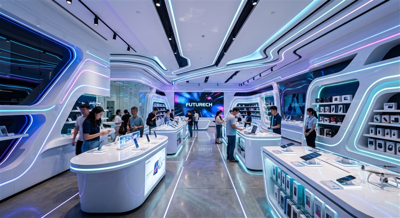 Ejemplo de decoración de negocio Estilo Futurista - Ideal para tiendas de electrónica o gadgets