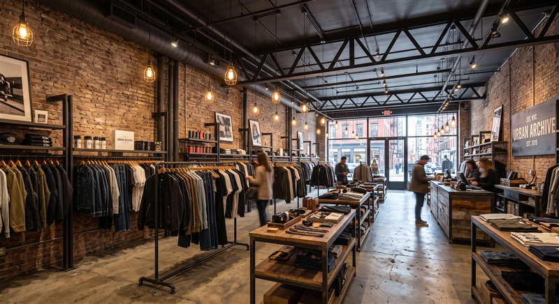 Ejemplo de decoración de negocio Estilo Industrial - Ideal para cafeterías o tiendas de ropa urbana