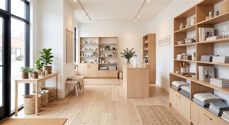 Ejemplo de decoración de negocio Estilo Nórdico o escandinavo - Ideal para panaderías o papelerías