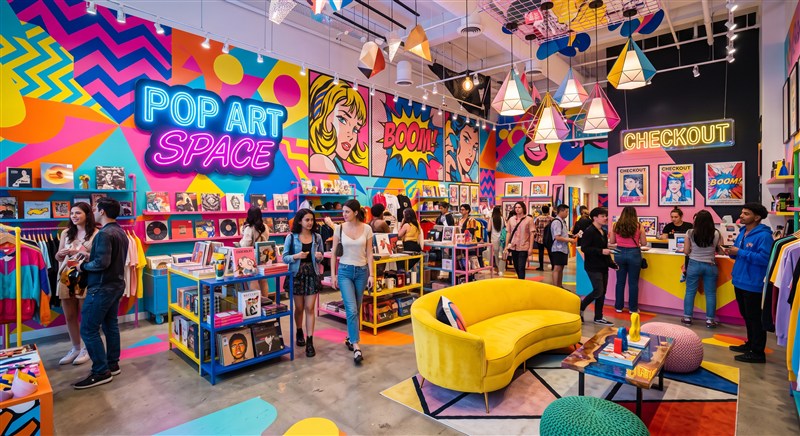 Ejemplo de decoración de negocio Estilo Pop Art y Colorido - Ideal para tiendas de zapatillas o concept stores