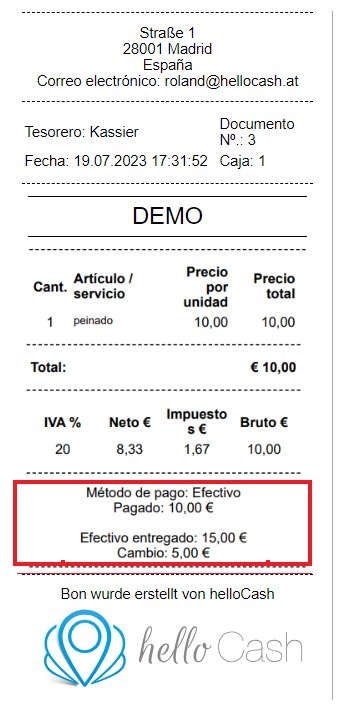 Ticket de compra donde aparece el cambio